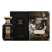 Velixir Velixir Narcisus 100ml EDP — A black glass perfume bottle with a gold cap and label, next to its black and gold box featuring a classical painting | Velixir Velixir Narcisus 100ml EDP — Botol kaca hitam dengan penutup dan label emas, bersebelahan dengan kotak hitam dan emasnya yang menampilkan lukisan klasik