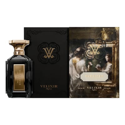 Velixir Velixir Narcisus 100ml EDP — A black glass perfume bottle with a gold cap and label, next to its black and gold box featuring a classical painting | Velixir Velixir Narcisus 100ml EDP — Botol kaca hitam dengan penutup dan label emas, bersebelahan dengan kotak hitam dan emasnya yang menampilkan lukisan klasik