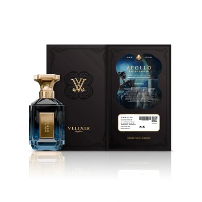 Velixir Velixir Apollo 100ml EDP — A dark blue glass perfume bottle with a gold cap and label, standing next to its open black packaging with gold ornate details and product information | Velixir Velixir Apollo 100ml EDP — Botol minyak wangi kaca biru gelap dengan penutup dan label emas, berdiri di sebelah pembungkus