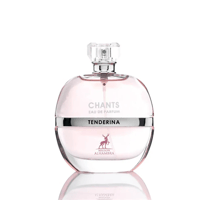 Maison Alhambra Chants Tenderina Eau de Parfum — A light pink perfume bottle with a clear faceted cap and a silver band around the neck, featuring a deer logo and brand name.