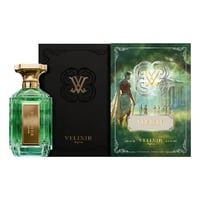 Velixir Velixir Demeter 100ml EDP — A green glass perfume bottle with a gold cap stands next to its black and green packaging, featuring artwork of a classical scene. | Velixir Velixir Demeter 100ml EDP — Botol minyak wangi kaca hijau dengan penutup emas berdiri di sebelah pembungkus hitam dan hijaunya, menampilkan