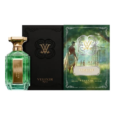 Velixir Velixir Demeter 100ml EDP — A green glass perfume bottle with a gold cap stands next to its black and green packaging, featuring artwork of a classical scene. | Velixir Velixir Demeter 100ml EDP — Botol minyak wangi kaca hijau dengan penutup emas berdiri di sebelah pembungkus hitam dan hijaunya, menampilkan