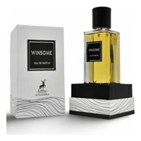 Maison Alhambra Winsome by Maison Alhambra 90ml EDP — Kotak putih berlabel hitam dan logo rusa di sebelah botol minyak wangi kaca jernih berisi cecair kuning dan penutup hitam, dipamerkan di atas tapak bercorak hitam putih.