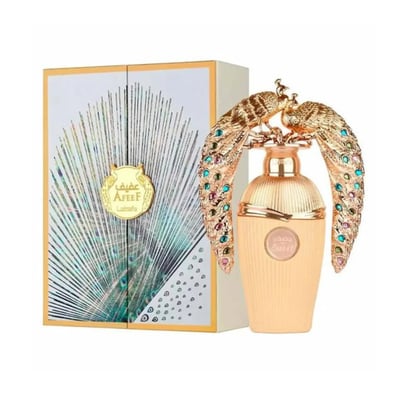 Lattafa Afeef by Lattafa 100ml EDP — Perfume bottle with ornate gold peacock design, presented with its matching box featuring a peacock feather motif.