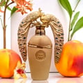 Lattafa Afeef by Lattafa 100ml EDP — Gold fluted bottle with ornate peacock design, flanked by two peaches and a flower.