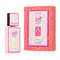 Lattafa Ajwad Pink 2 Pink Creamy Elixir — Pink Lattafa perfume bottle and matching box with abstract wavy pattern and Arabic calligraphy.