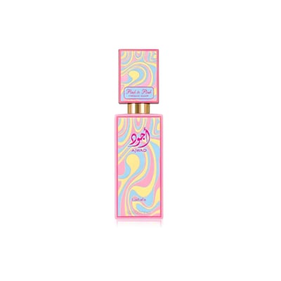 Lattafa Ajwad Pink 2 Pink Creamy Elixir — A tall, rectangular perfume bottle with a colorful, swirled pattern of pink, yellow, and blue. The cap is also decorated with the same pattern. Gold accents are visible on the neck of the bottle.
