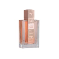 Lattafa Angham Second Song — Clear glass perfume bottle with rose gold cap and decorative musical notes, rose gold liquid inside, white background.