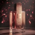 Lattafa Angham Second Song by Lattafa 100ml — Botol minyak wangi emas ros berjalur dengan rekaan nota muzik, berlatar belakang lampu merah dan orang yang kabur.
