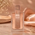 Lattafa Angham Second Song by Lattafa — Penutup dan label berlubang warna emas ros pada botol minyak wangi kaca jernih, berisi cecair pic, berlatar belakang satin pic lembut dengan bunga putih halus.