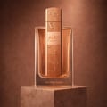 Lattafa Angham Second Song by Lattafa — Botol minyak wangi kaca berbentuk segi empat dengan penutup emas bertekstur, memaparkan teks Arab dan Inggeris, diletakkan di atas alas batu bertekstur berlatar belakang gradien coklat hangat.