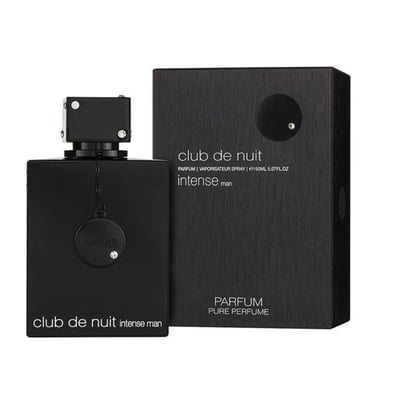 Armaf Club De Nuit Intense Man Parfum 150ml — Black perfume bottle and its matching black textured box, both with silver accents, displayed together on a white background. | Armaf Club De Nuit Intense Man Parfum 150ml — Botol minyak wangi hitam dan kotak bertekstur hitam yang sepadan, kedua-duanya dengan aksen perak