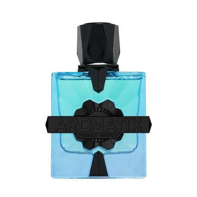 French Avenue Aromatix Magnetiq 100ml — A clear blue glass perfume bottle with a black geometric cap and a black band across the front with 'AROMATIX' and 'FRENCH AVENUE' text.