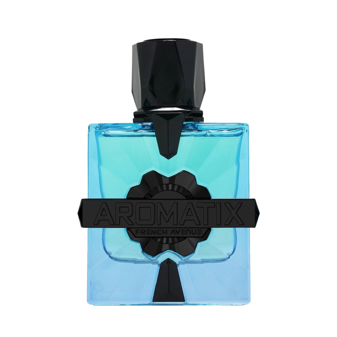 French Avenue Aromatix Magnetiq 100ml — A clear blue glass perfume bottle with a black geometric cap and a black band across the front with 'AROMATIX' and 'FRENCH AVENUE' text.