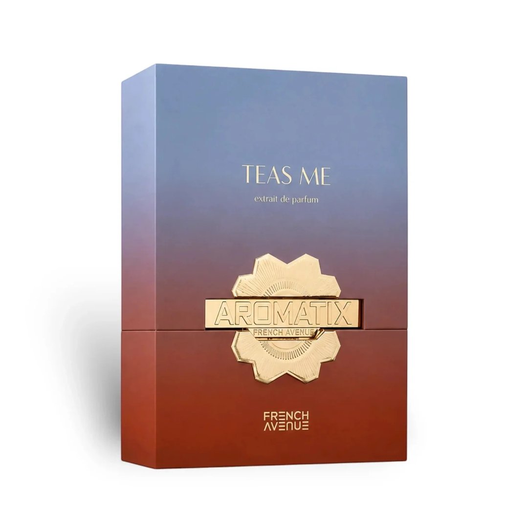 French Avenue Aromatix Teas Me — A rectangular perfume box with a gradient color from blue to red, featuring gold embossed text and a decorative emblem.