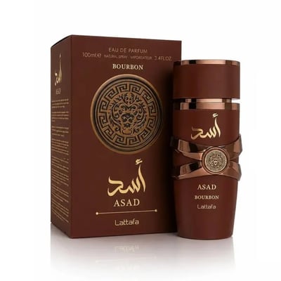 Lattafa Asad Bourbon Lattafa 100ml for Men — Brown perfume box and bottle with gold accents and Arabic calligraphy, set against a white background.
