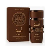 Lattafa Asad Bourbon — Brown perfume box and bottle with gold accents and Arabic calligraphy