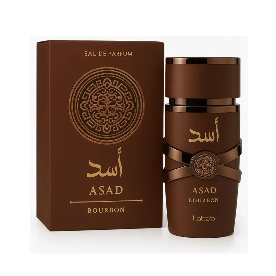 Lattafa Asad Bourbon — Kotak dan botol minyak wangi coklat dengan perincian emas dan kaligrafi Arab