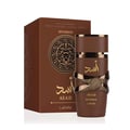 Lattafa Asad Bourbon Lattafa 100ml untuk Lelaki — Botol minyak wangi coklat dengan perincian emas dan kotak sepadan, menampilkan lambang singa.