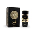 Lattafa Asad Lattafa EDP 100ml Men — Kotak wangian hitam dengan lambang singa emas dan botol dengan perincian bersilang emas di latar belakang putih.