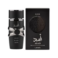 Lattafa Asad Elixir Lattafa 100ml for Men — Black perfume bottle with silver accents and Arabic script, next to its black presentation box with embossed circular design.