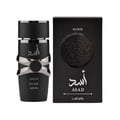 Lattafa Asad Elixir Lattafa 100ml untuk Lelaki — Botol minyak wangi hitam dengan aksen perak dan tulisan Arab, bersebelahan kotak hitamnya dengan rekaan bulatan timbul.