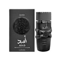 Lattafa Asad Elixir Lattafa 100ml untuk Lelaki — Kotak dan botol minyak wangi hitam dengan tulisan Arab dan lambang singa.