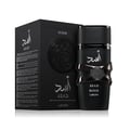 Lattafa Asad Elixir Lattafa 100ml untuk Lelaki — Botol minyak wangi hitam dengan aksen logam dan tulisan Arab, dipaparkan bersama kotaknya yang sepadan.