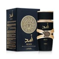 Lattafa Asad EDP 100ml Lelaki — Botol minyak wangi hitam dengan perincian emas dan lambang singa, bersebelahan kotak hitam dan emasnya.