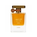 Lattafa Atlas Canyon Lattafa 55ml Unisex — Botol minyak wangi kaca jernih berisi cecair perang, penutup oktagon emas, dan tag kulit berlogo pokok.