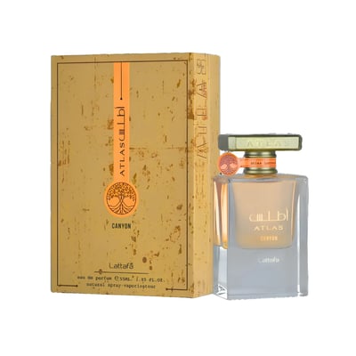 Lattafa Atlas Canyon Lattafa 55ml Unisex — Gold textured box with tree emblem and perfume bottle with gold cap and tree emblem