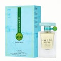 Lattafa Atlas Glacial Valley — Kotak biru bertekstur dengan jalur hijau dan logo pokok bersebelahan botol minyak wangi kaca jernih berisi cecair kuning muda dan penutup biru muda.