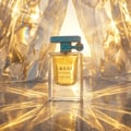 Lattafa Atlas Glacial Valley by Lattafa 55ml Unisex — Botol minyak wangi kaca jernih berisi cecair keemasan, penutup teal, dan lambang pokok, berlatar belakang formasi ais keemasan berkilauan dan pantulan.
