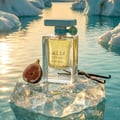 Lattafa Atlas Glacial Valley by Lattafa 55ml Unisex — Botol minyak wangi kaca jernih berisi cecair kuning muda, bertutup biru, diletakkan di atas bongkah ais. Sebiji buah tin terbelah, batang vanila, dan habluran garam mengelilingi botol. Latar belakang menampilkan formasi ais dan air tenang memantulkan cahaya