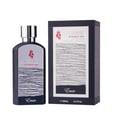 Paris Corner Atomise Intensive Men by Emir Paris Corner 100ml — A dark grey perfume bottle with a silver cap stands next to its matching dark grey box with a white label featuring a lion logo and wavy lines. | Paris Corner Atomise Intensive Men by Emir Paris Corner 100ml — Botol minyak wangi kelabu gelap dengan