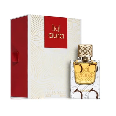 Lattafa Aura by Lattafa 60ml EDP — A clear glass perfume bottle with gold ornate cap and golden liquid sits next to its white and red patterned box with gold line art and red ribbon | Lattafa Aura by Lattafa 60ml EDP — Botol minyak wangi kaca jernih dengan penutup berornamen emas dan cecair keemasan duduk bersebelahan