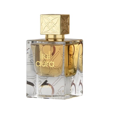 Lattafa Aura by Lattafa 60ml EDP — A clear glass perfume bottle with gold liquid and ornate gold cap, featuring Arabic calligraphy design on the bottle | Lattafa Aura by Lattafa 60ml EDP — Botol minyak wangi kaca jernih dengan cecair emas dan penutup emas berhias, menampilkan reka bentuk kaligrafi Arab pada botol