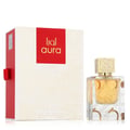 Lattafa Aura by Lattafa 60ml EDP — A clear glass perfume bottle with a gold ornate cap sits next to its white and red patterned box on a white background. | Lattafa Aura by Lattafa 60ml EDP — Botol minyak wangi kaca jernih dengan penutup berhias emas terletak di sebelah kotak bermotif putih dan merahnya di latar