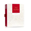 Lattafa Aura by Lattafa 60ml EDP — A white perfume box with red accents and gold topographic line art. | Lattafa Aura by Lattafa 60ml EDP — Kotak minyak wangi putih dengan aksen merah dan seni garis topografi emas.