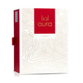 Lattafa Aura by Lattafa 60ml EDP — A white perfume box with a red panel featuring gold Arabic script and the word 'aura' in gold, set against a background of swirling gold lines on white | Lattafa Aura by Lattafa 60ml EDP — Kotak minyak wangi putih dengan panel merah menampilkan tulisan Arab emas dan perkataan 'aura'