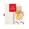 Lattafa Aura by Lattafa 60ml EDP — A clear glass perfume bottle with gold liquid and a gold patterned cap sits next to its white and red box with gold topographic line art. | Lattafa Aura by Lattafa 60ml EDP — Botol minyak wangi kaca jernih dengan cecair emas dan penutup bercorak emas terletak di sebelah kotak putih