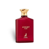 Maison Alhambra Avant Ruby Eau De Parfum 100ml — A red glass perfume bottle with a gold cap stands next to its white and gold box, both featuring the Avant Ruby branding and a deer logo. | Maison Alhambra Avant Ruby Eau De Parfum 100ml — Botol kaca merah dengan penutup emas berdiri di sebelah kotak putih dan emasnya