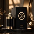 French Avenue Axis by French Avenue 100ml — A black and gold perfume bottle and its matching box are displayed on a marble surface, with a golden circular frame and decorative branches in the background. | French Avenue Axis by French Avenue 100ml — Botol dan kotak minyak wangi hitam dan emas dipamerkan di atas