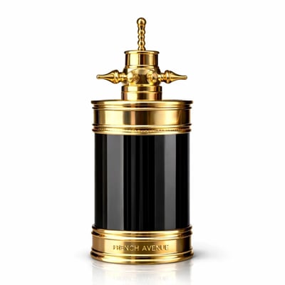 French Avenue Axis by French Avenue 100ml — A tall, cylindrical black perfume bottle with ornate gold accents on the cap and base, featuring the brand name embossed on the base. | French Avenue Axis by French Avenue 100ml — Botol minyak wangi hitam silinder tinggi dengan perincian emas yang indah pada penutup dan