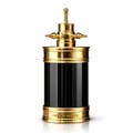 French Avenue Axis by French Avenue 100ml — A tall, cylindrical black perfume bottle with ornate gold accents on the cap and base, featuring the brand name embossed on the base. | French Avenue Axis by French Avenue 100ml — Botol minyak wangi hitam silinder tinggi dengan perincian emas yang indah pada penutup dan