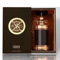 French Avenue Axis by French Avenue 100ml — A dark box is open to reveal a cylindrical black and gold perfume bottle with an ornate gold cap, set against a patterned background. | French Avenue Axis by French Avenue 100ml — Kotak gelap terbuka mendedahkan botol minyak wangi silinder hitam dan emas dengan penutup emas