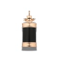 French Avenue Axis by French Avenue 100ml — A tall, cylindrical black perfume bottle with ornate rose gold accents on the cap and base, featuring a detailed crown-like top and a textured band with the brand name | French Avenue Axis by French Avenue 100ml — Botol minyak wangi hitam silinder tinggi dengan aksen emas