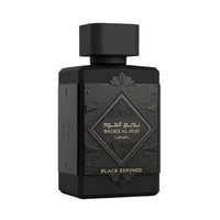 Lattafa Bade'e Al Oud Black Exposed — Black perfume bottle with ornate black label featuring Arabic script and gold accents, on a white background.