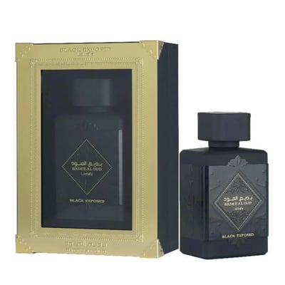 Lattafa Bade'e Al Oud Black Exposed Lattafa 100ml — Black perfume bottle and its gold-accented box, displayed side-by-side against a white background.