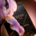 Lattafa Bade'e Al Oud Black Exposed — Black perfume bottle with ornate gold detailing, partially obscured by a soft purple flower petal.